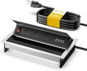 Kungfuking Recessed Power Strip with USB C PD 30W, Conference Table Power Hub Outlet Connectivity Box Rotatable with Switch and Metal Casing, 6 FT Cord