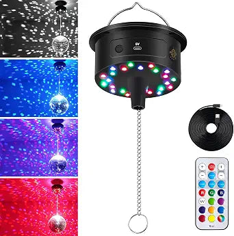 Disco Ball Motor, 17FT Cable, 11 Colors & 4 Dynamic Modes, 3-15 RPM & 30 LEDs Mirror Ball Motor with Remote for 4" 6" 8" 12" Balls for Party Wedding (USB/Battery Powered and No Ball)