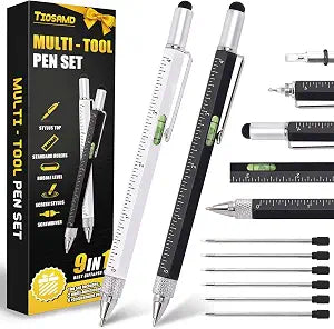 Stocking Stuffers for Men, 9 in 1 Metal Multitool Pen 2Pcs and Refill 6Pcs, Unique Tech Tool Pen from Wife Daughter to Father Boyfriend Husband on Christmas, Birthday, Valentine's Day
