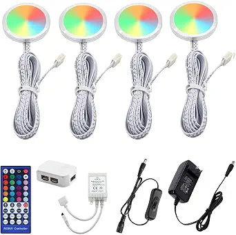 AIBOO RGBWW RGB + Warm White Color Changing Christmas Xmas Under Cabinet LED Lights Kit IR Remote Puck Lights for Kitchen Counter Shelf Furniture Ambiance Lighting (RGBWW, 4 Lights, 12W)