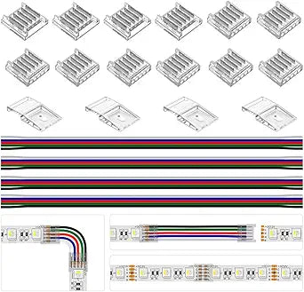 BTF-LIGHTING SMD 5 Pin 12mm 0.47in Width Transparent Connector Kit, 4xGapless Solderless 8pcs Corner Connectors,4pcs 5.9in Long 22AWG Extension Wires,Support 5050 SMD RGBW LED Strip