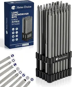 Bates- Long Screwdriver Bits, 6 Inch, 32 pcs, 1/4" Shank, S2 Steel, Long Screwdriver Bit Set