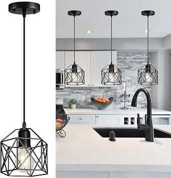 1-Light Vintage Hanging Light Pendant Light Fixture Farmhouse Basket Cage Hanging Ceiling Light with Metal Caged for Kitchen Island Dining Restaurant Room Hallway Hotel Bar