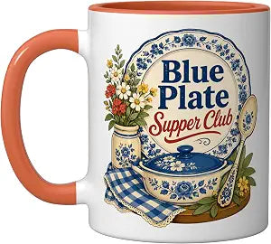 Blue Plate Supper Kitchen Vintage Ceramic Mug, Orange/White, 11oz
