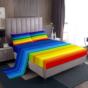 Feelyou Gradient Rainbow Stripes Bed Sheets Set Colorful Rainbow Sheet Set for Kids Boys Girls Multi-Color Sheets with Deep Pocket Fitted Sheet Geometric Strips Bedding Set 3Pcs Twin Size