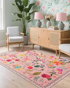 Boho Washable Area Rug 4x6  Floral Low Pile Non-Slip Carpet for Living Room, Bedroom, Office, Playroom, Entryway, Kitchen, Dining Room (Pink)