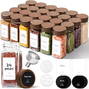ComSaf Glass Spice Storage Jars with Acacia Wood Lids & Labels 4Oz 24Pack