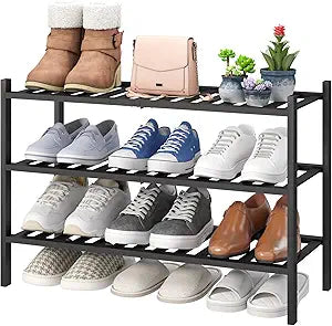 viewcare 3-Tier Black Bamboo Shoe Rack for Entryway, Stackable | Foldable | Natural, Shoe Shelf Storage Organizer for Hallway Closet, Free Standing Shoe Racks for Indoor Outdoor