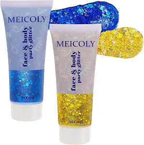 MEICOLY 2PCS Blue & Gold Face Glitter Set,Spirit Day Hair Glitter Gel,Gold Spirit Day Body Glitter for School Event Cheering Sports Game,Sparkling Halloween Glitter Makeup for Women and Kids