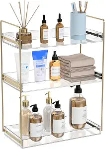 Bathroom Countertop Organizer, 3 Tier Acrylic Tray Vanity Counter Skincare Organizer Shelf, Kitchen Under Sink Standing Rack, Home Storage Holder for Lotion Makeup Cosmetics Perfume Spice, Gold