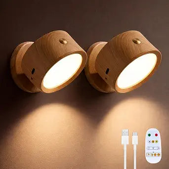 Horta USB Rechargeable Wall Light 2 Pack,360 Rotatable Magnetic Wall Light,Adjustable Nightlight with 3 Color Temperatures+Stepless Dimming with Remote Control for Bedroom Bedside Hallway (Wood)