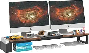 LANDVOI Dual Monitor Stand Riser,41.5'' Long Monitor Stand for 2 Monitors, Wood Computer Riser with Pocket, Desktop Oraganizer with Pen Holder, Monitor Riser for Desk Computer,Laptop,TV, Rustic Brown
