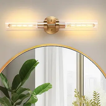 2-Light Gold Wall Sconces, Modern Bathroom Vanity Light with Glass Shades