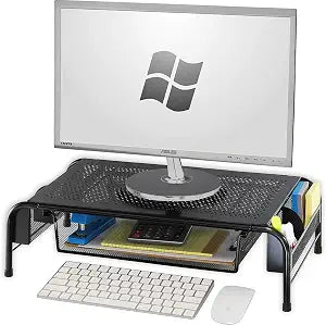 Simple Houseware Metal Desk Monitor Stand Riser w/ Organizer Drawer, Black