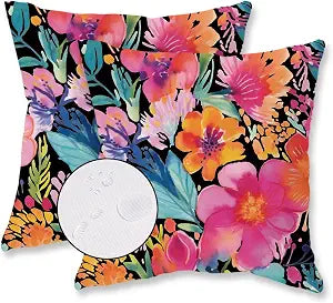 TAJWE Outdoor Pillow Covers 18x18 Inch Set of 2 Black Floral Waterproof Throw Pillowcases Modern Farmhouse Decorative Square Cushion Cases for Patio Furniture Garden Bench Porch Decor