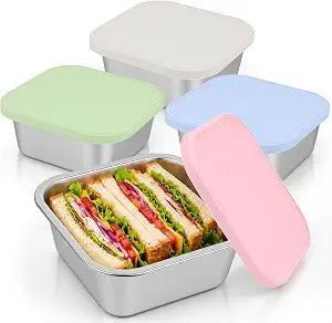 4 Pack Stainless Steel Sandwich Containers with Leakproof Silicone Lids, 32 oz Reusable Metal Lunch Boxes, BPA-Free Food Storage Containers for Meal Prep, Dishwasher Safe for Work & Travel