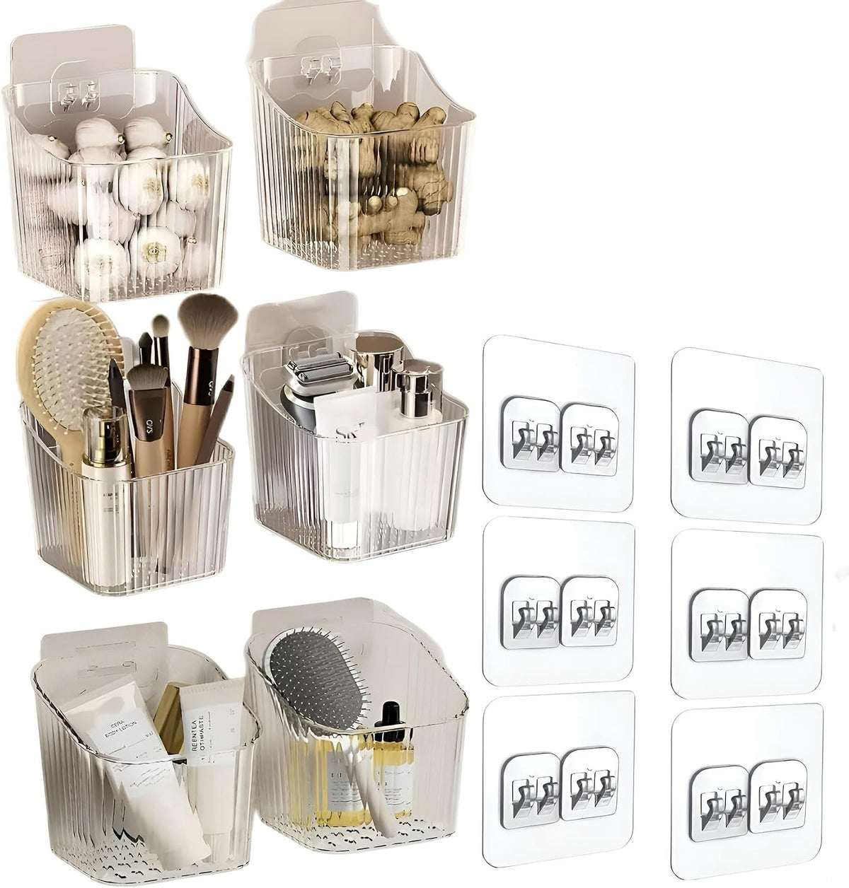 6Pack small Wall Mount Organizer, Adhesive Cabinet Door Storage Bins, Clear Makeup Container, Stackable Organizer Basket for Kitchen, Bathroom, rv, Pantry, Officeï¼ŒRefrigerator Small Items storage