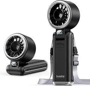 SWEETFULL Portable Handheld Turbo Fan - Portable Fans Rechargeable, 5000mAh, 180 Adjustable, 5 Speed Wind, Digital Display Electric Personal Hand Fan Quiet, Travel Essentials, Beach Vacation (Black)