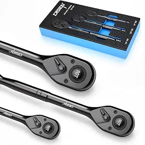 DISEN 3PCS Black Ratchet Wrench Set (1/2", 3/8", 1/4" Drive) - 90-Tooth Drive Ratchet Socket Wrench, Black Oxide Finish with Reversible Quick Release & EVA Tray - Industrial Ratchet Wrench Kit
