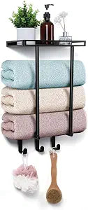 Onader Wall Mounted Towel Racks for Bathroom, 15 Inch Black Bath Towel Holder with Metal Shelf and 3 Hooks