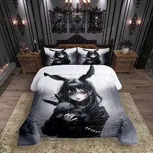 Erosebridal Anime Gifts for Girls,Japanese 3D Anime Bedding Set Queen,Kawaii Japanese Bedding Girly Comforter Set Black Gothic Printed Down Comforter for Bedroom Decor with 2 Pillowcases