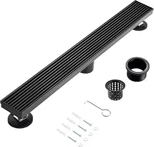 24 Inch Linear Shower Drain, Matte Black Shower Drain, Removable Grate, 304 Stainless Steel, Easy to Install and Clean for Bathrooms (Drain Base Not Included), LSD-15B-24B