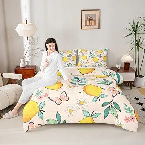 Cartoon Lemons Kids Comforter Set Twin Size,Daisy Flowers Butterfly Rustic Bedding Set,Girls Boys Adults Room Decor,Leaves Plants Summer Down Comforter,Colorful Bright Duvet Insert,1 Pillowcase