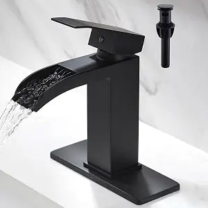 Waterfall Bathroom Faucet Black - Single Handle Bathroom Sink Faucets 1 or 3 Hole for 4IN Modern Solid Vanity Faucet with Deck Plate & Overflow Pop Up Drain Matte Black