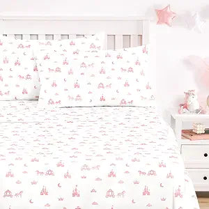 Wake In Cloud - Princess Bed Sheets, 4 Pieces Sheet Set, Cute Castle Carriage Horse Pattern Printed Bedding for Kids Girls Teens, Deep Pocket, Pink White, Twin Size