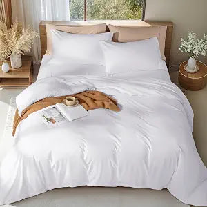 LBRO2M Premium Quality Microfiber Duvet Cover Set 3Pcs Including 1 Soft Comforter Cover 2 Pillowcases, Fade Resistant Zipper Closure All Season (Queen, White)