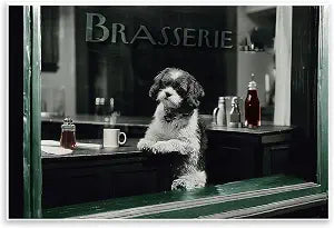 Vintage Dog Brasserie Window, 10 x 15 Inch Mounted Print on Wall Plaque