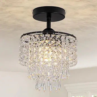 8" Black Chandelier 3-Tier Crystal Raindrop Flush Mount Ceiling Light Fixture Mini Chandelier Light for Bedroom Kitchen Hallway Bathroom Closet (Black)