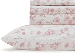 Linen Home 100% Cotton Printed Percale Sheet Set Queen, Mauve Botanical