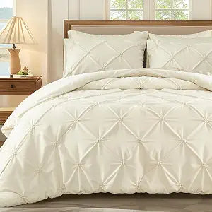 WOLKI Queen Size Comforter Set Cream, 3 Pieces Bed Lightweight Solid Bedding Comforters Sets, All Season Fluffy Down Alternative Comforter Bed Set Quilt Blanket