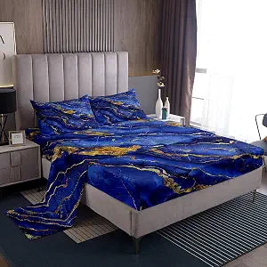 Feelyou Dark Blue Marble Bed Sheets Set Full Size Modern Aesthetic Retro