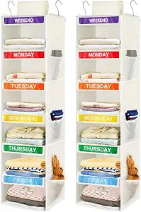 2 Pack 6-Shelf Weekly Clothes Organizer for Kids, Hanging Daily Closet Organization with 6 Side Pockets, Days of The Week Clothing Divider Storage for Boys and Girls (White)
