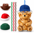 Teddy Bear Glass Cup with 4 Interchangeable Hat Lids & 4 Reusable Straws, 17 oz Bear Shaped Glass Tumbler for Iced Coffee, Matcha, Smoothies & Cold Drinks