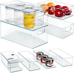 Hudgan 8 PACK Stackable Pantry Organizer Bins (3 Size) - Clear Fridge Organizer for Kitchen, Freezer, Refrigerator, Cabinet - Plastic Storage Container with Handle for Home