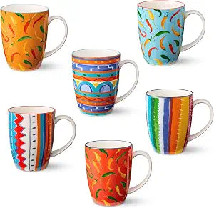 Certified International Caliente 14-Ounce Mugs, Set of 6, Vibrant Chili Pepper & Southwestern Patterns, Durable Porcelain with Comfortable Handles, Perfect for Coffee, Tea & Festive Everyday Use