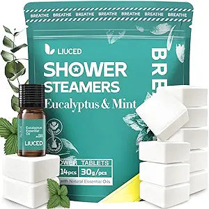 14+1 Shower Steamers - 14 Pack Eucalyptus & Mint Shower Tablets Aromatherapy Pods and 5ml Natural Eucalyptus Essential Oils, Sinus Relief, Stocking Stuffers for Women Men, Gifts for Mom Wife Christmas