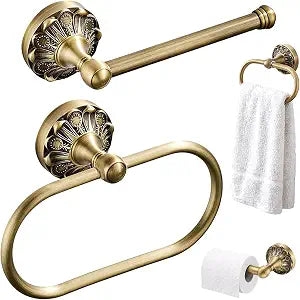 Antique Brass Toilet Paper Holder with Hand Towel Ring Set, 2PCS Wall Mounted Vintage Bathroom Hardware, Retro Tissue Roll Holder and 180 Rotating Towel Bar for Bathroom Kitchen (Rectangle)