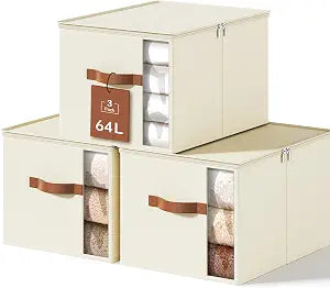 64L Clothes Storage Bins with Sturdy Frame, Foldable Clothing Organizer Box, Sweater Storage Cube with Lids and Zipper, Fabric Bedding Storage Bags for Blankets, Seasonal Clothes, Comforter