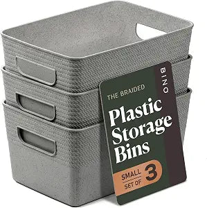 BINO | Plastic Storage Bins, 5 Liter - 3 Pack, Natural Grey | THE BRAIDED COLLECTION | Plastic Bins for Organization | Woven Storage Baskets for Organizing Pantry Shelf Organizer Basket Container Bin