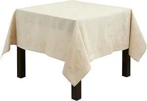 SARO LIFESTYLE Embroidered Swirl Design Linen Blend Tablecloth, 67", Natural