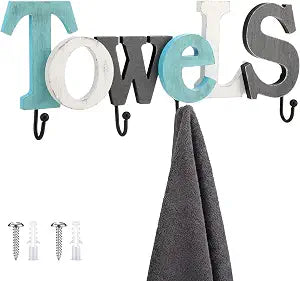 Novabright Rustic Wood Towels Sign with 4 Hooks, Farmhouse Bathroom Decor