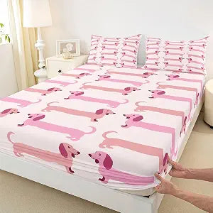 Cute Dachshund Dog Fitted Sheets Full Size (No Flat),Cartoon Pet Animals Bedding Set 3Pcs,Kids Teens Woman Room Decor,Pink Doggy Bed Sheet Funny Dachshund Deep Pocket Sheet,2 Pillowcases