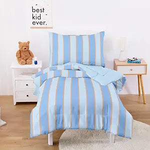 Wake In Cloud - Toddler Bedding Set for Boys Girls, 100% Cotton Fabric, Vertical Ticking Striped, 4 Pieces Soft Crib Bed Set Including Comforter, Sheets and Pillowcase, Blue Orange