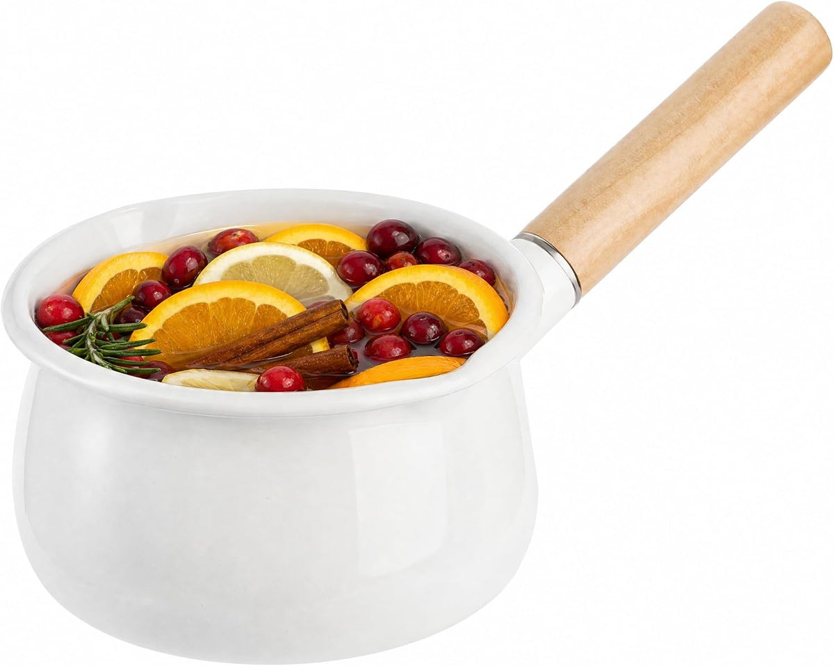Jucoan 1 Quart Enamel Milk Pan with Dual Pour Spouts, Small Saucepan Milk Pot Butter Warmer with Wooden Handle, Stove Top Simmer Pot for Holiday Home Fragrance