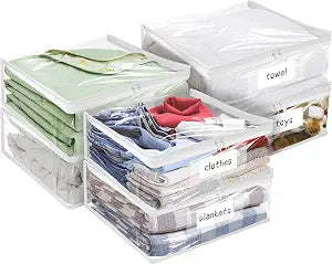 Plastic Storage Bags with Easy-Glide Zipper, Pack of 6, Durable Clear Vinyl Zippered Storage Bags for Clothes Sweaters Comforters Blankets Sheets Bedding (15.7 x 13.8 x 3.9 Inch, Transparent White)