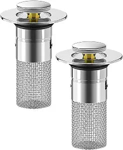Bathroom Sink Stopper Hair Catcher, Pop Up Drain Plug with Strainer and Filter Basket, Universal Replacement Cover, 2 Pack
